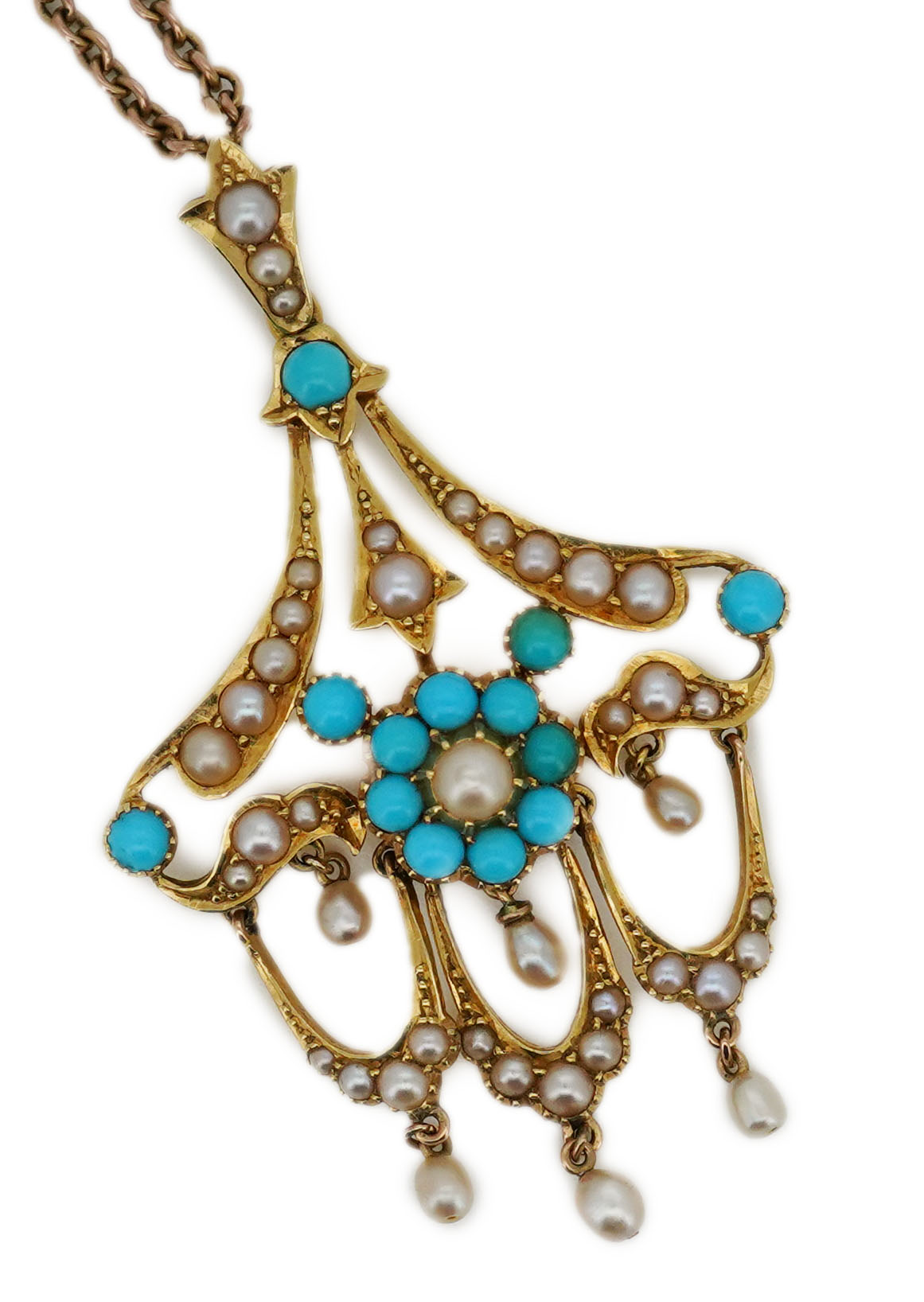 An Edwardian turquoise and seed pearl pendant, early 20th century